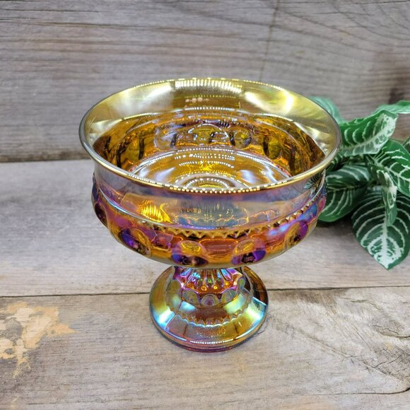 Candy Dish King's Crown Colony Marigold Carnival Glass Iridescent Compote - Picture 3 of 11